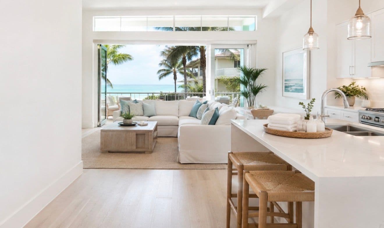A freshly cleaned vacation-rental living room and kitchen, staged and ready for guests